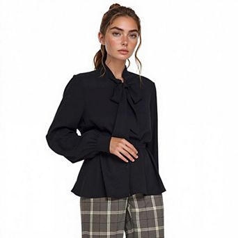 Tie Neck Button Down Peplum Blouse
