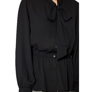 Tie Neck Button Down Peplum Blouse