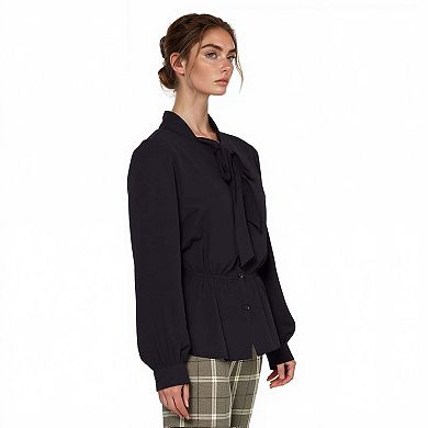 Tie Neck Button Down Peplum Blouse