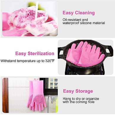 1 Pair Magic Silicone Cleaning Gloves, Dishwashing & Pet Scrubber, Heat-Resistant Sponge Gloves