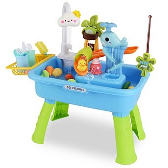 3-in-1 Kids Kitchen Sink Toy with Electric Faucet, Water Table & Fishing Role Play Set