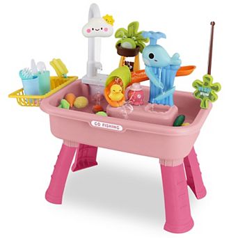 3-in-1 Kids Kitchen Sink Toy with Electric Faucet, Water Table & Fishing Role Play Set