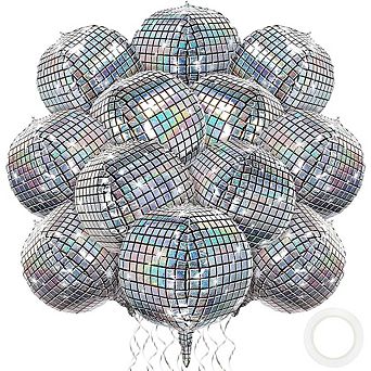 Disco Ball Foil Balloons Silver 4D Mylar Balloons 12 pc for Disco Theme, Dance Party Celebration