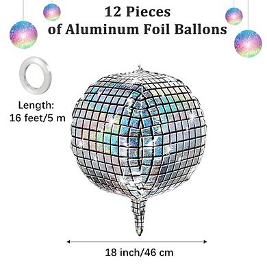 Disco Ball Foil Balloons Silver 4D Mylar Balloons 12pcs for Disco Theme, Dance Party Celebration