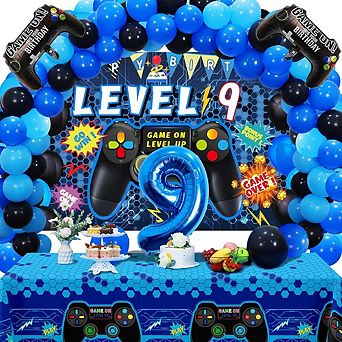 9th Birthday Video Game Decorations, Backdrop, Balloons & Tablecloth 90 pc for Gamer Party