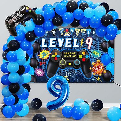 9th Birthday Video Game Decorations, Backdrop, Balloons & Tablecloth 90-Piece for Gamer Party