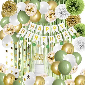Sage Green Birthday Decor, Olive Green & Gold Balloons, Banner & Pom Poms for Women’s Birthday