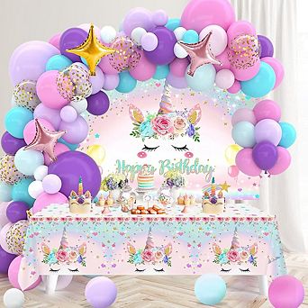 Unicorn Birthday Kit 118 pc Unicorn Party Supplies with Balloon Garland, Backdrop & Decorations