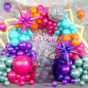 Disco Balloon Arch Kit 123 pc with Hot Pink, Purple, Teal, Orange & Metallic Green Balloons