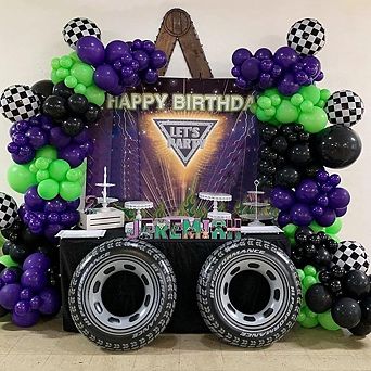 Truck Balloon Arch Kit in Neon Green, Slate & Purple with Tire Balloons153 pc for Birthday Party