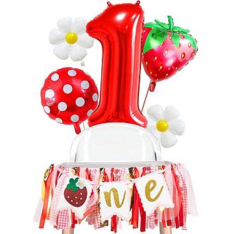 Berry First Birthday Kit with Strawberry Banner, Daisy Balloons, and Smash Cake Props Set