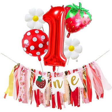 Berry First Birthday Kit with Strawberry Banner, Daisy Balloons, and Smash Cake Props Set