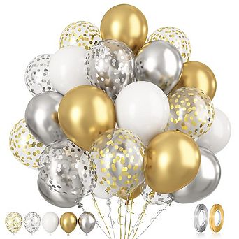 Champagne & Silver Metallic Latex and Confetti Balloon Set Ideal 60 pc for Party Decorations