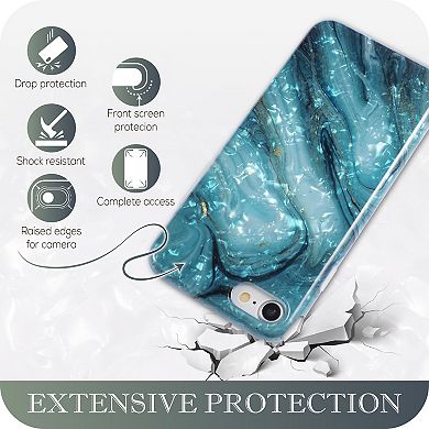 Marble Glossy Skin Gold Foil TPU IMD Case Cover For iPhone SE 2020, Green Blue