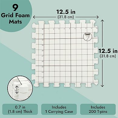 9x Blocking Mats For Knitting & Crochet Thick Interlocking Foam Grid, 200 T-Pin