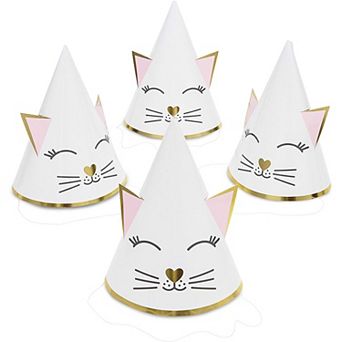 Cat Birthday Party Cone Hats (White, Pink, 24 Pack)