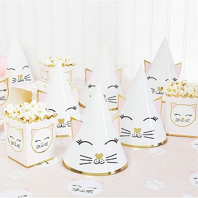Cat Birthday Party Cone Hats (White, Pink, 24 Pack)