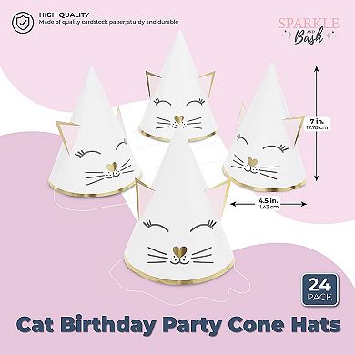 Cat Birthday Party Cone Hats (White, Pink, 24 Pack)