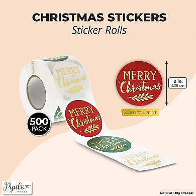 500 ct Merry Christmas Stickers Roll for Envelope Seal Xmas Card Invite Craft 2”