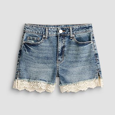 Juniors' SO® High Rise Crochet Trim Jean Shorts