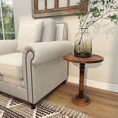 Stella & Eve Intricately Carved Mango Wood Turned Base End Table