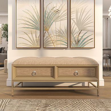 Stella & Eve Linen Upholstered 2 Drawer Storage Bench with Tufted Seat