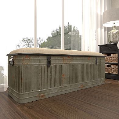 Stella & Eve Metal Galvanized Storage Bench with Burlap Top and Black Latches