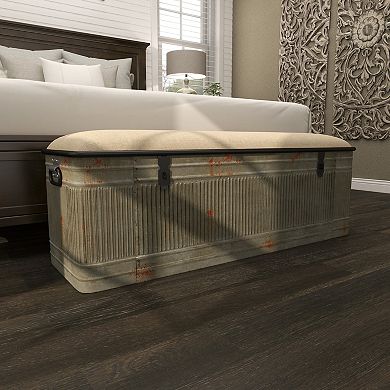 Stella & Eve Metal Galvanized Storage Bench with Burlap Top and Black Latches