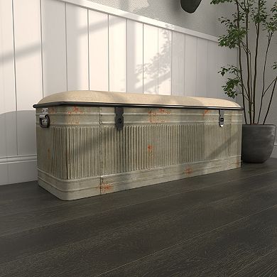 Stella & Eve Metal Galvanized Storage Bench with Burlap Top and Black Latches