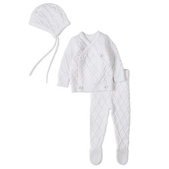 3 pc Baby Unisex "Simply Sweet" White 100% Cotton Knit Cardigan Set