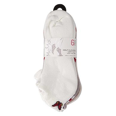 6 Pair Women's Half-Cushioned Embroidered Low Cut Socks with Heel Tab