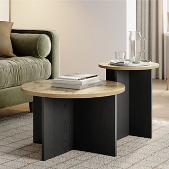 Black and Burl Wood Coffee Table - Black and Wood Coffee Table - 2 pc Set