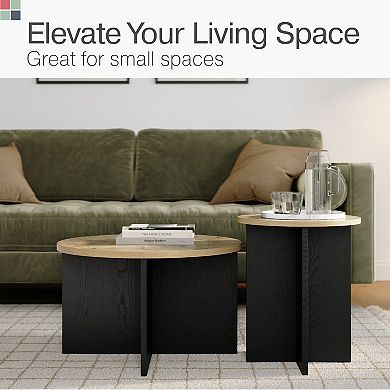 Black and Burl Wood Coffee Table - Black and Wood Coffee Table - 2 Piece Set