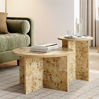 Burl Wood Nesting Coffee Tables - Modern Living Room Furniture - 2 pc Set