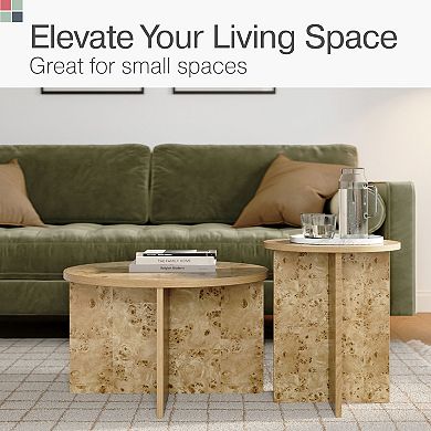 Burl Wood Nesting Coffee Tables - Modern Living Room Furniture - 2 Piece Set