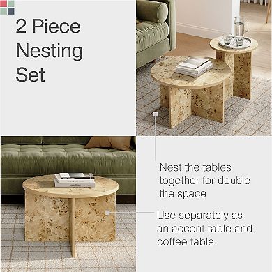 Burl Wood Nesting Coffee Tables - Modern Living Room Furniture - 2 Piece Set