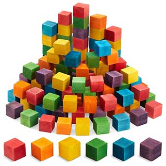 100 pc Wooden Blocks for Crafts, Colorful Small Cubes, 6 Colors, 0.6 In