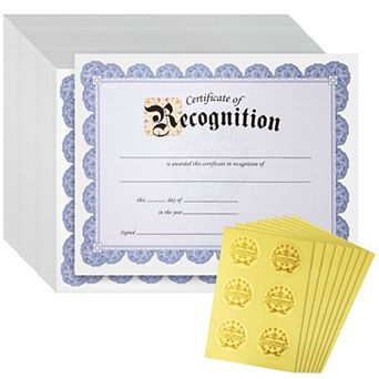 48 Sheets Blue Certificate of Recognition Paper with Gold Stickers, 8.5 x 11 in
