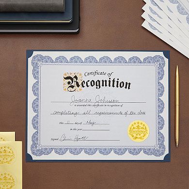 48 Sheets Blue Certificate of Recognition Paper with Gold Stickers, 8.5 x 11 In