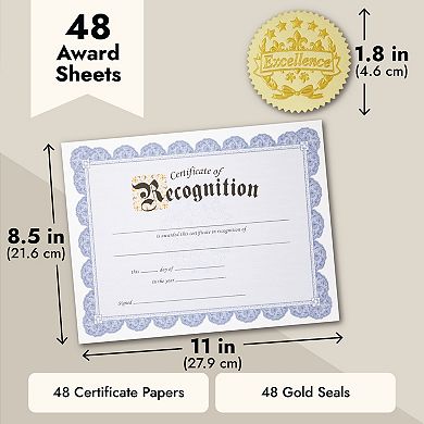 48 Sheets Blue Certificate of Recognition Paper with Gold Stickers, 8.5 x 11 In