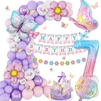 7th Birthday Decorations with Pink & Purple Butterfly Balloons and Happy Birthday Banner for Party