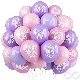 Butterfly Balloons Pink & Purple 12" Latex With Prints 52-Pack For Birthday, Wedding or Party