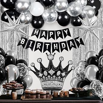 Black, White & Silver Birthday Decorations for Men with Metallic Balloons, Banner, Fringe Curtains.