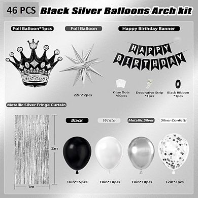 Black, White & Silver Birthday Decorations for Men with Metallic Balloons, Banner, Fringe Curtains.