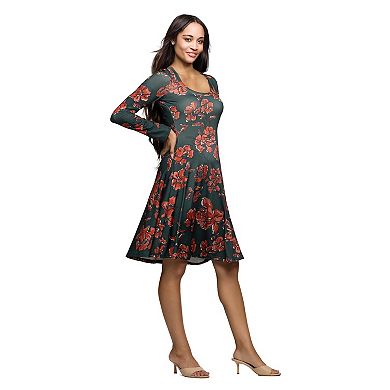 Women's 24Seven Comfort Apparel Print Long Sleeve Fit & Flare Dress