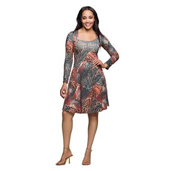 Women's 24Seven Comfort Apparel Print Long Sleeve Fit & Flare Dress