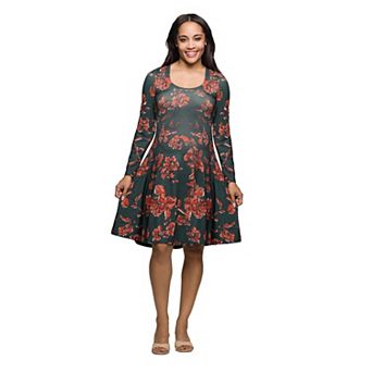 Women's 24Seven Comfort Apparel Print Long Sleeve Fit & Flare Dress