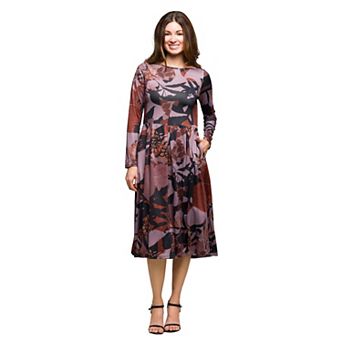 Women's 24Seven Comfort Apparel Print Long Sleeve Midi Dress