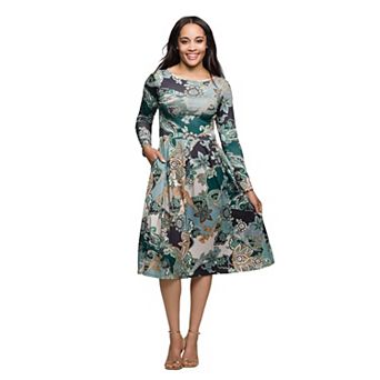Women's 24Seven Comfort Apparel Print Long Sleeve Midi Dress