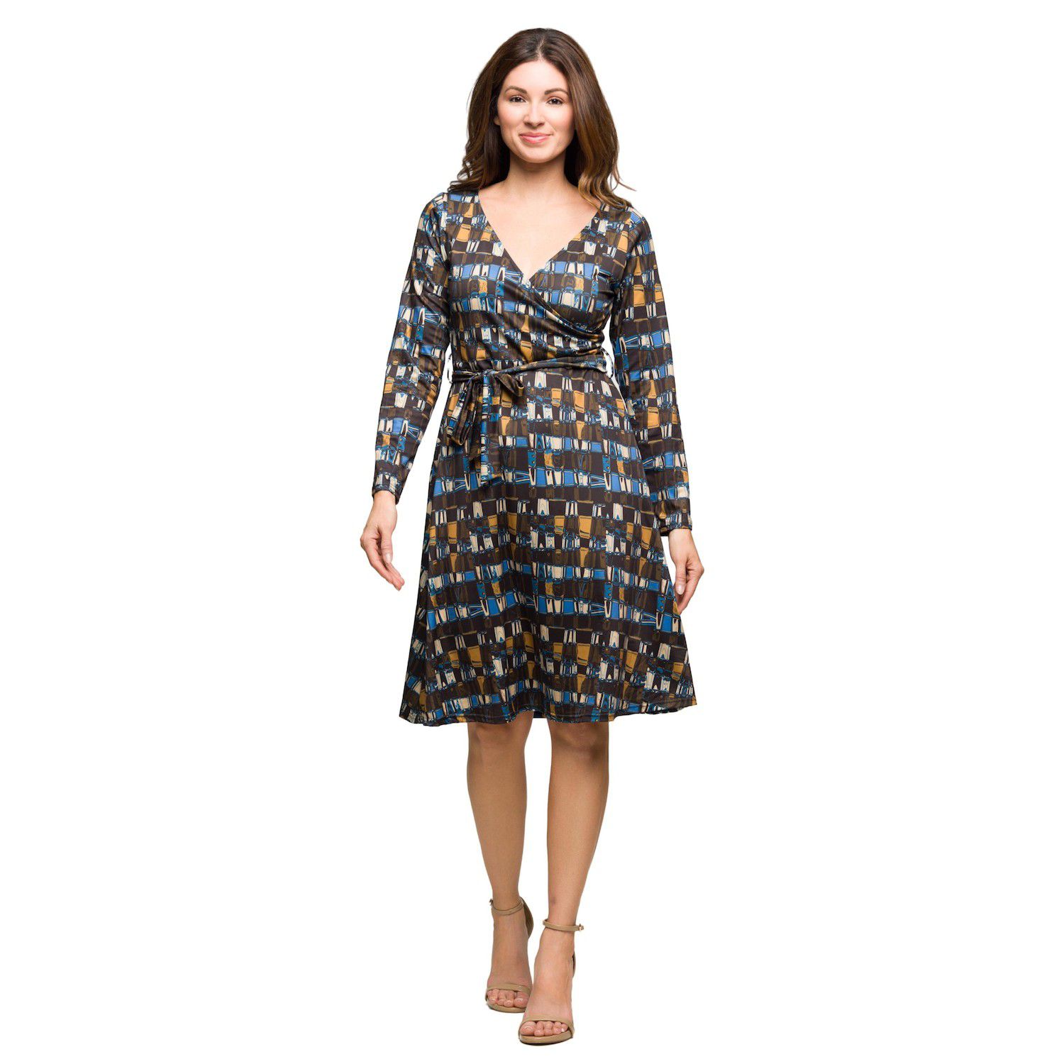 Женские платья 24Seven Comfort Apparel Print Long Sleeve Wrap Dress with Belt